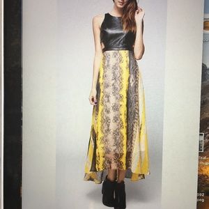 NEW HOMMAGE Black Faux Leather Yellow Snake Print Maxi Dress